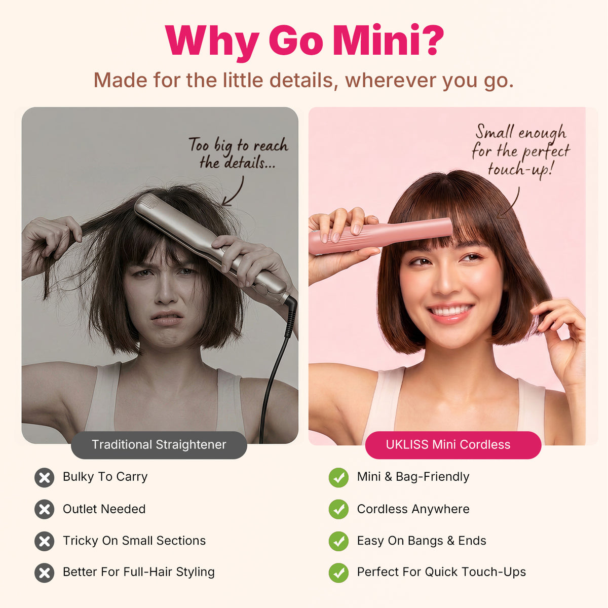 Ukliss MINI Cordless Hair Straightener — Pink