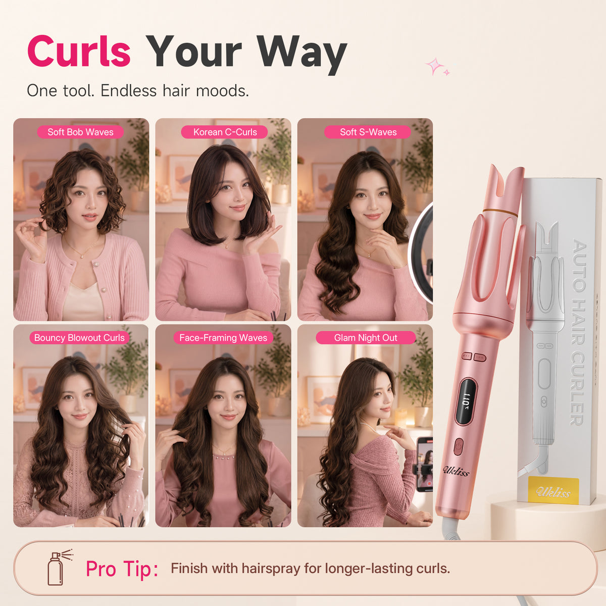 Ukliss Automatic Hair Curler — Pink