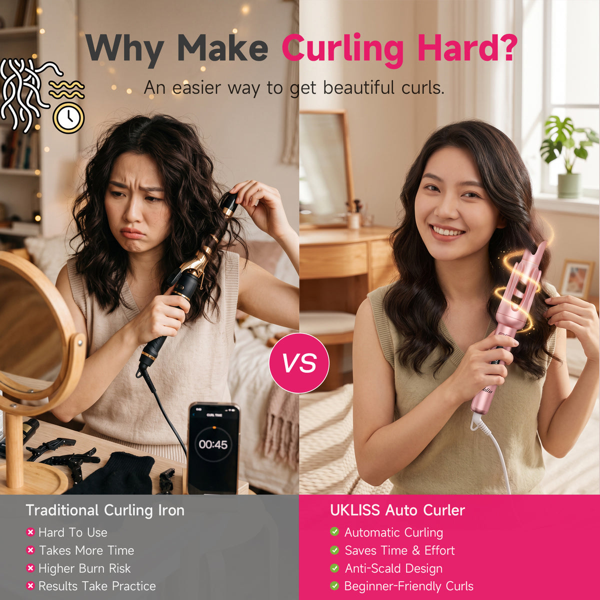Ukliss Automatic Hair Curler — Pink